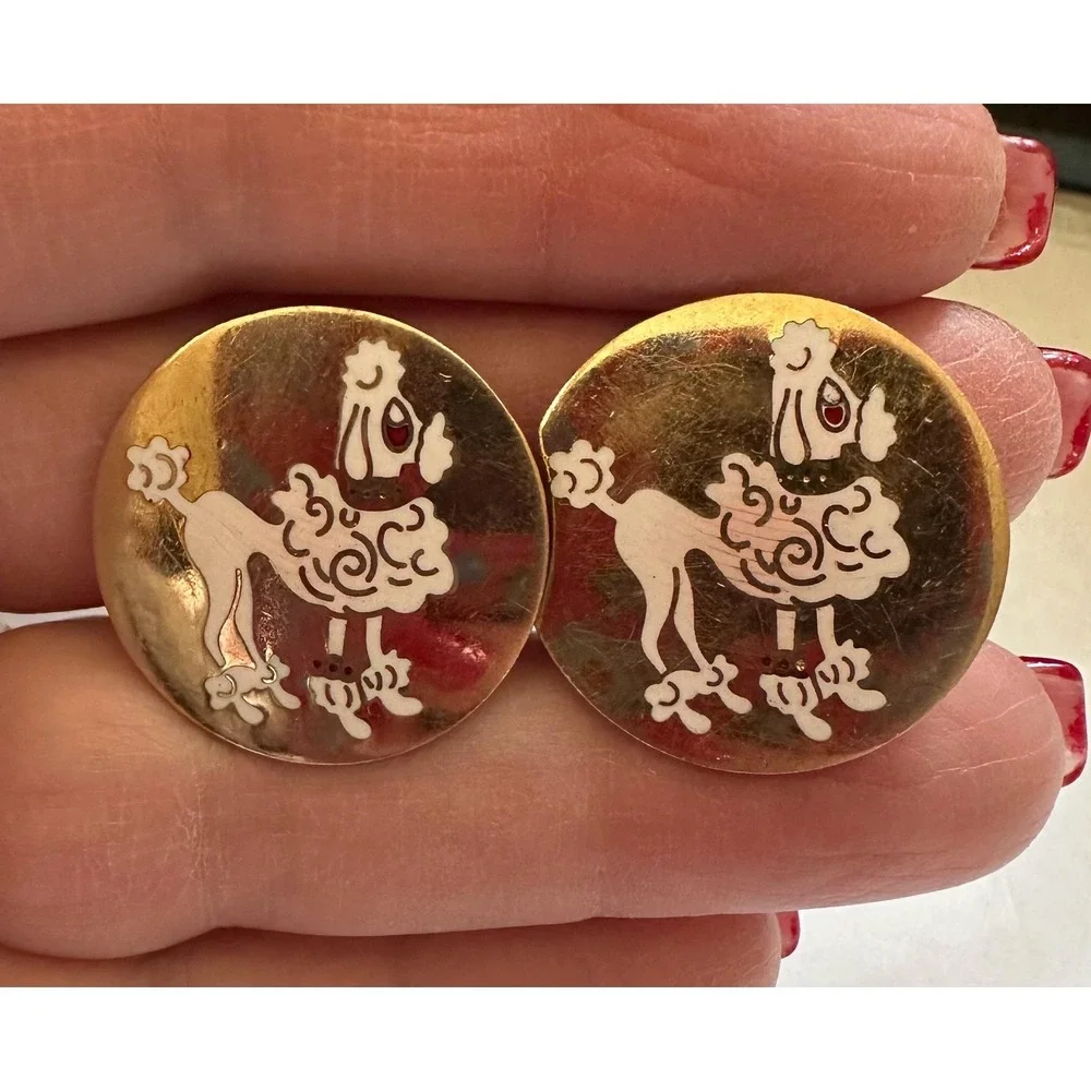 MCM Cufflinks Gold Tone & White Enamel French Poodle